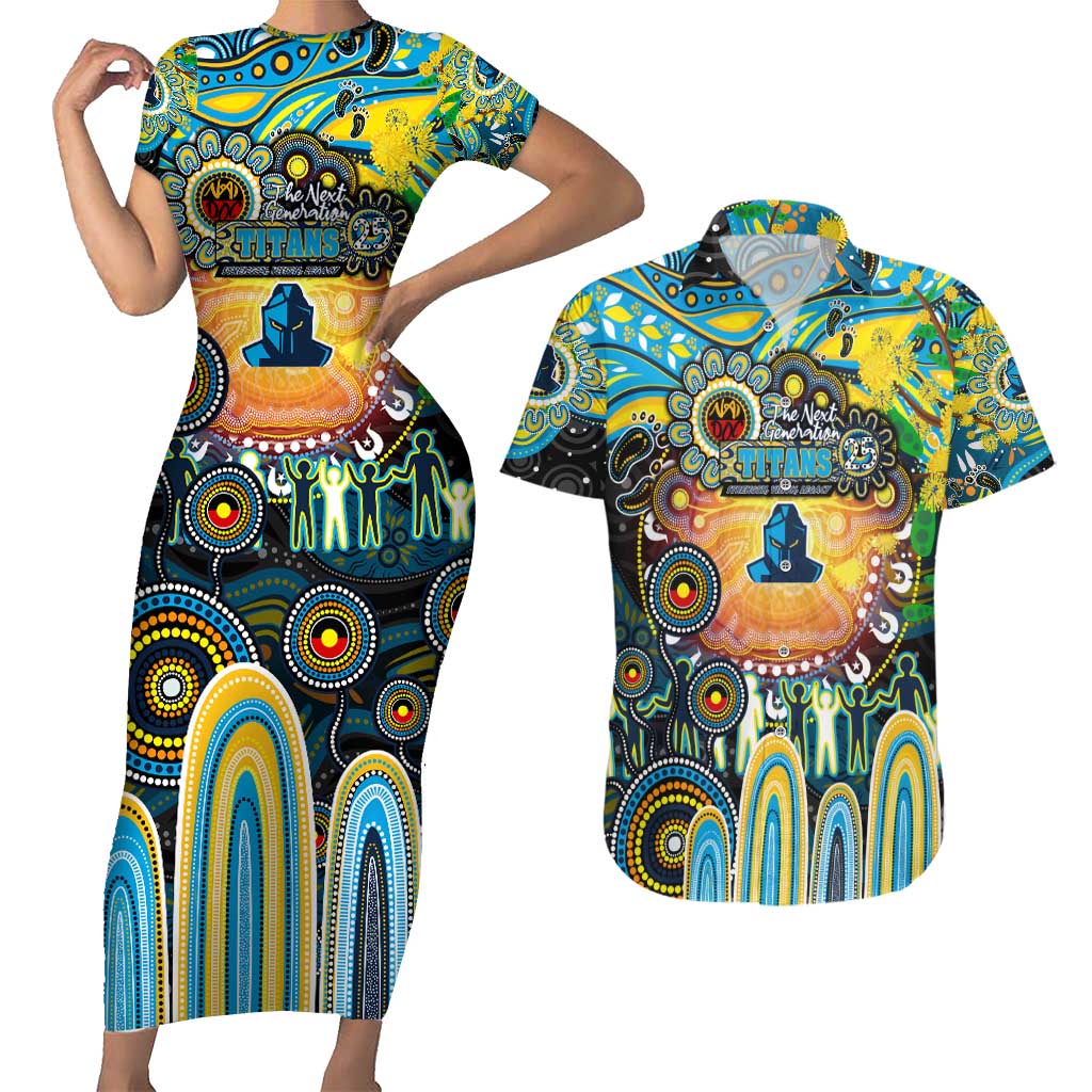 Personalised NAIDOC Week 2025 Titans Rugby Couples Matching Short Sleeve Bodycon Dress and Hawaiian Shirt Aboriginal Dot Painting