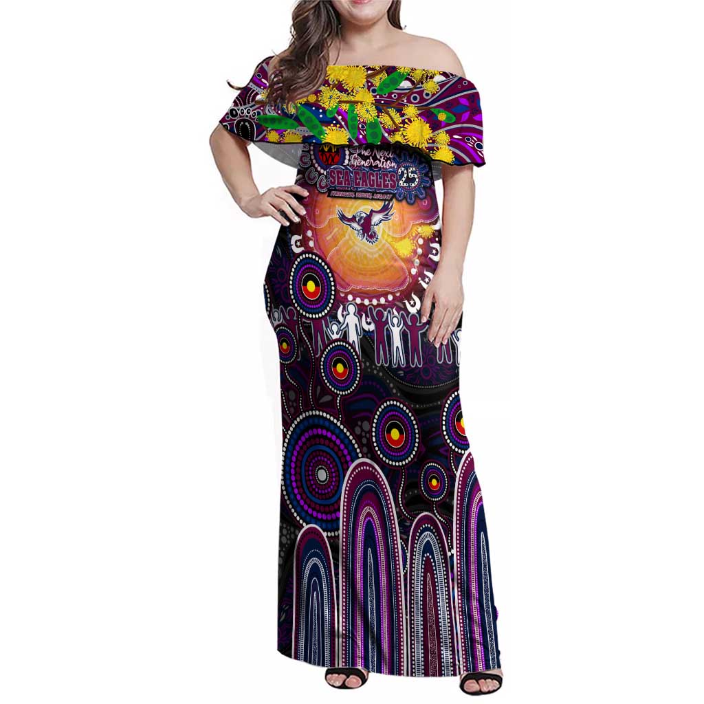 Personalised NAIDOC Week 2025 Sea Eagles Rugby Family Matching Off Shoulder Maxi Dress and Hawaiian Shirt Aboriginal Dot Painting