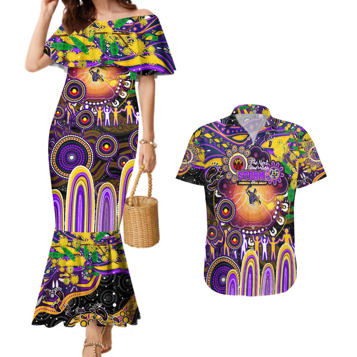 Personalised NAIDOC Week 2025 Storm Rugby Couples Matching Mermaid Dress and Hawaiian Shirt Aboriginal Dot Painting
