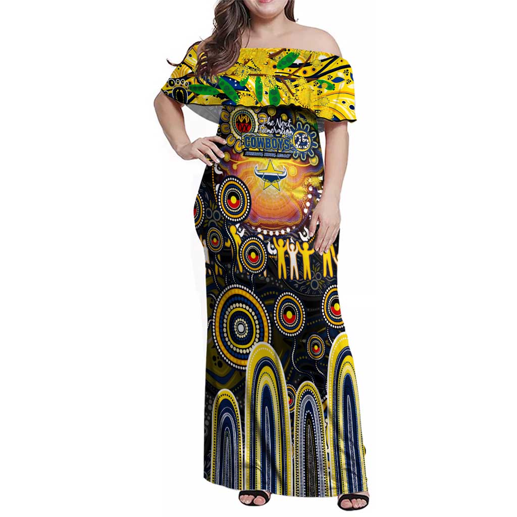 Personalised NAIDOC Week 2025 Cowboys Rugby Family Matching Off Shoulder Maxi Dress and Hawaiian Shirt Aboriginal Dot Painting