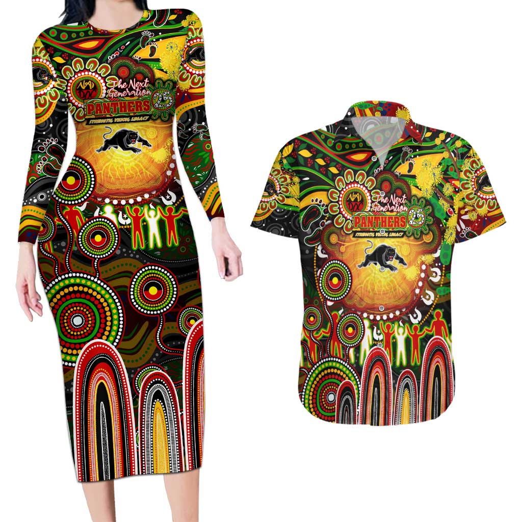 Personalised NAIDOC Week 2025 Panthers Rugby Couples Matching Long Sleeve Bodycon Dress and Hawaiian Shirt Aboriginal Dot Painting