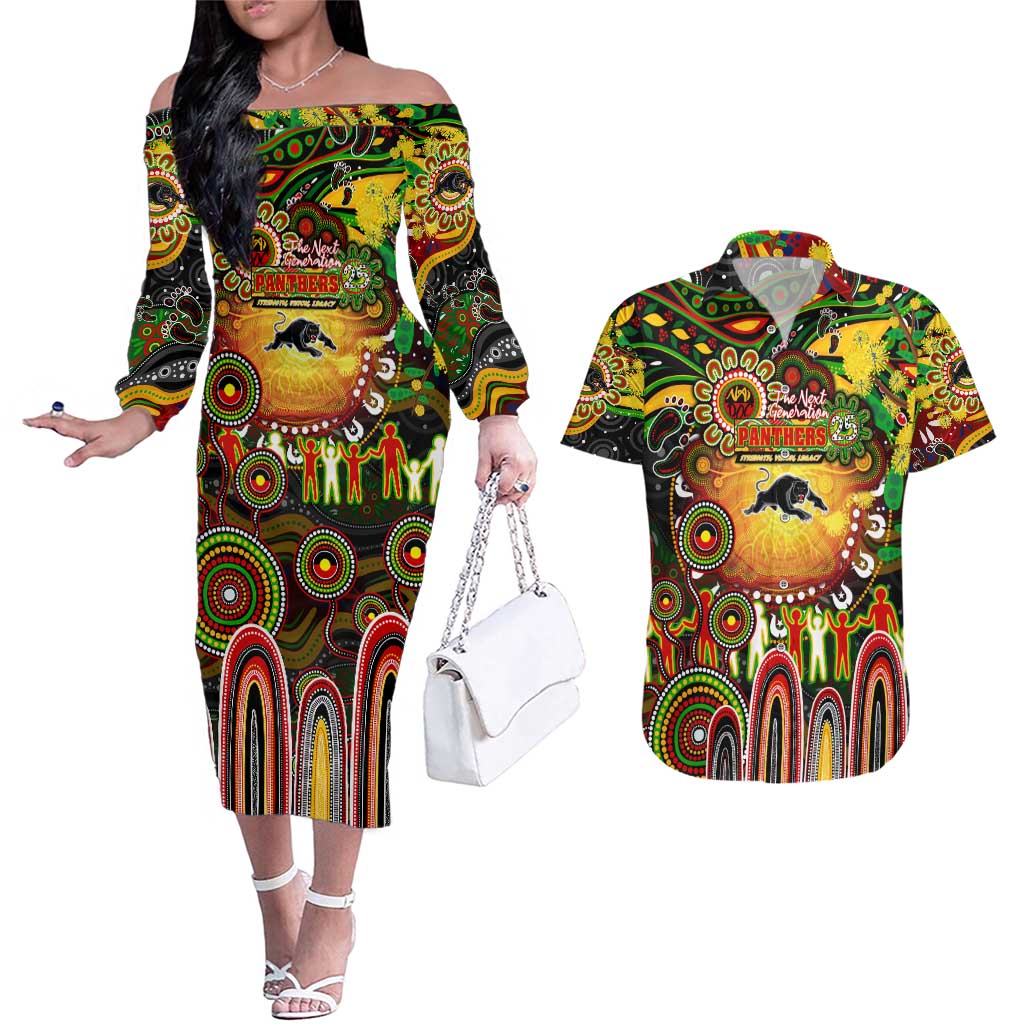 Personalised NAIDOC Week 2025 Panthers Rugby Couples Matching Off The Shoulder Long Sleeve Dress and Hawaiian Shirt Aboriginal Dot Painting