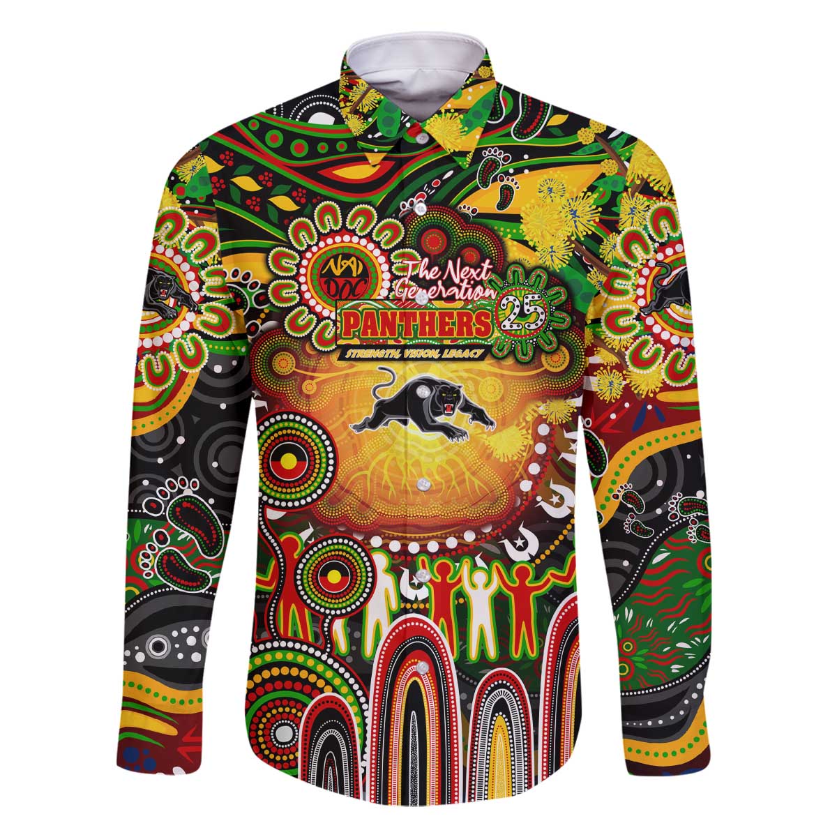 Personalised NAIDOC Week 2025 Panthers Rugby Family Matching Off The Shoulder Long Sleeve Dress and Hawaiian Shirt Aboriginal Dot Painting