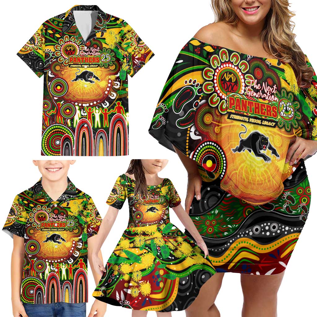 Personalised NAIDOC Week 2025 Panthers Rugby Family Matching Off Shoulder Short Dress and Hawaiian Shirt Aboriginal Dot Painting