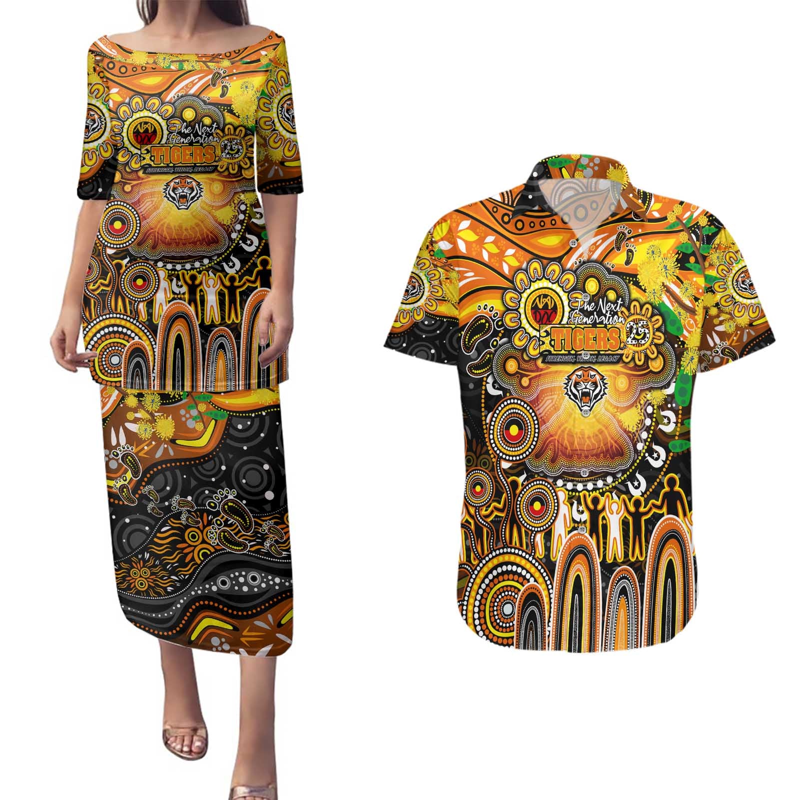 Personalised NAIDOC Week 2025 Tigers Rugby Couples Matching Puletasi and Hawaiian Shirt Aboriginal Dot Painting