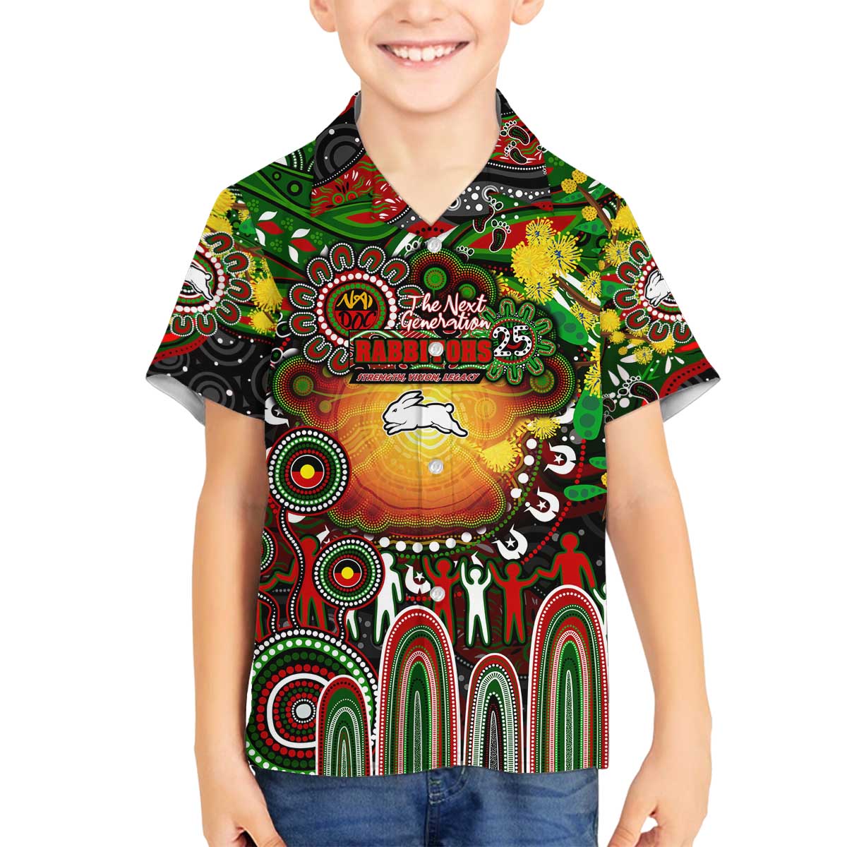 Personalised NAIDOC Week 2025 Rabbitohs Rugby Family Matching Off The Shoulder Long Sleeve Dress and Hawaiian Shirt Aboriginal Dot Painting