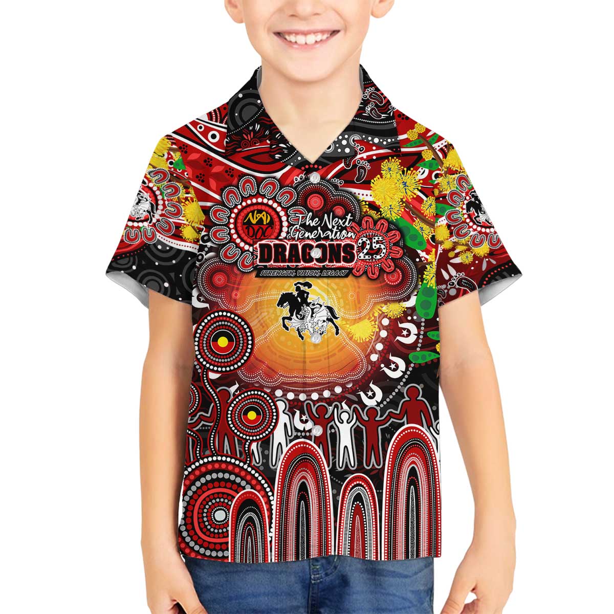 Personalised NAIDOC Week 2025 Dragons Rugby Family Matching Off The Shoulder Long Sleeve Dress and Hawaiian Shirt Aboriginal Dot Painting