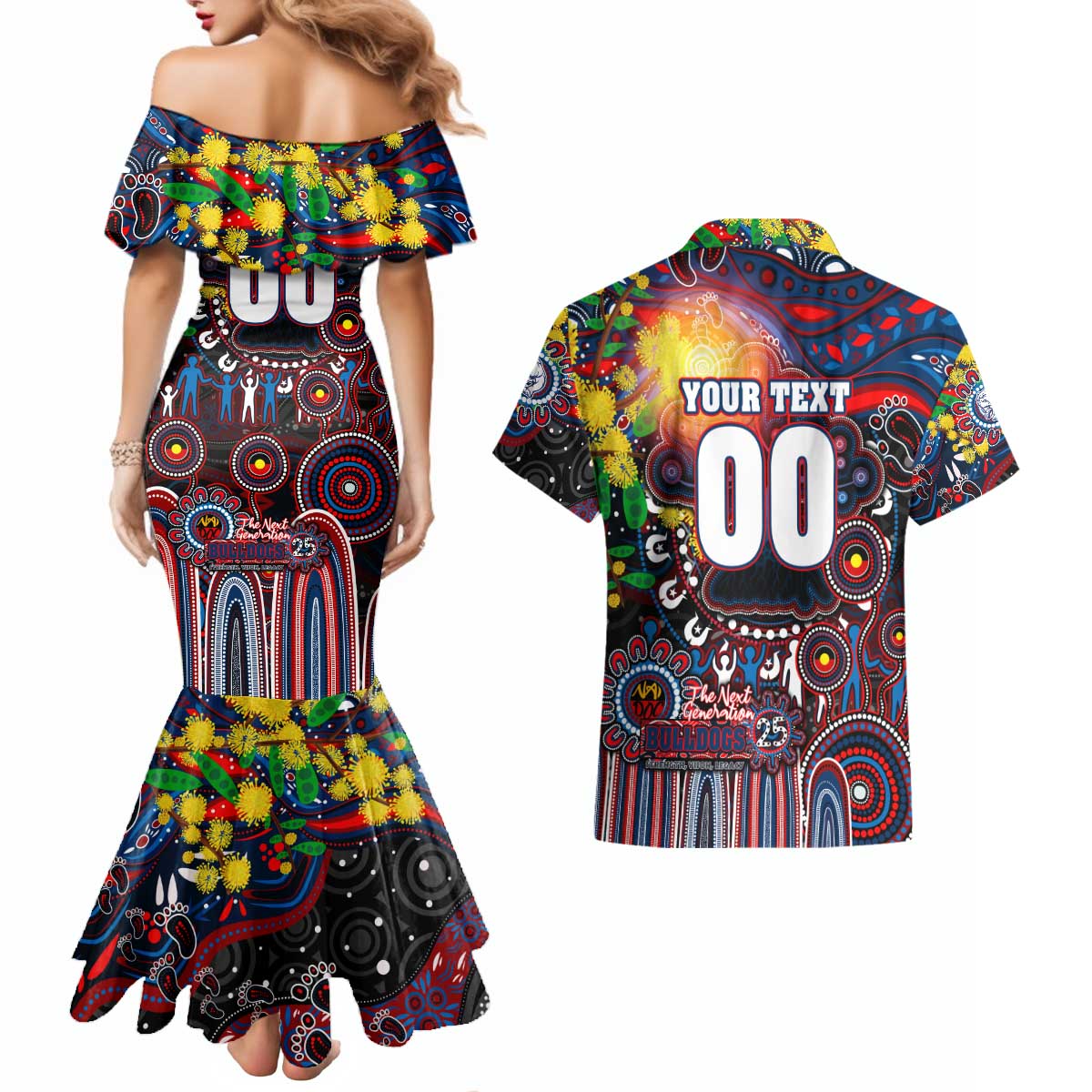 Personalised NAIDOC Week 2025 Bulldogs Football Couples Matching Mermaid Dress and Hawaiian Shirt Aboriginal Dot Painting
