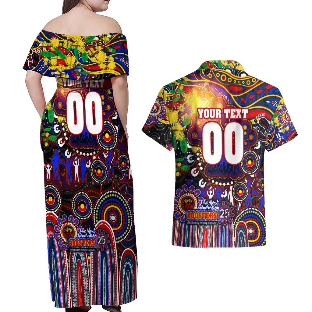 Personalised NAIDOC Week 2025 Roosters Football Couples Matching Off Shoulder Maxi Dress and Hawaiian Shirt Aboriginal Dot Painting