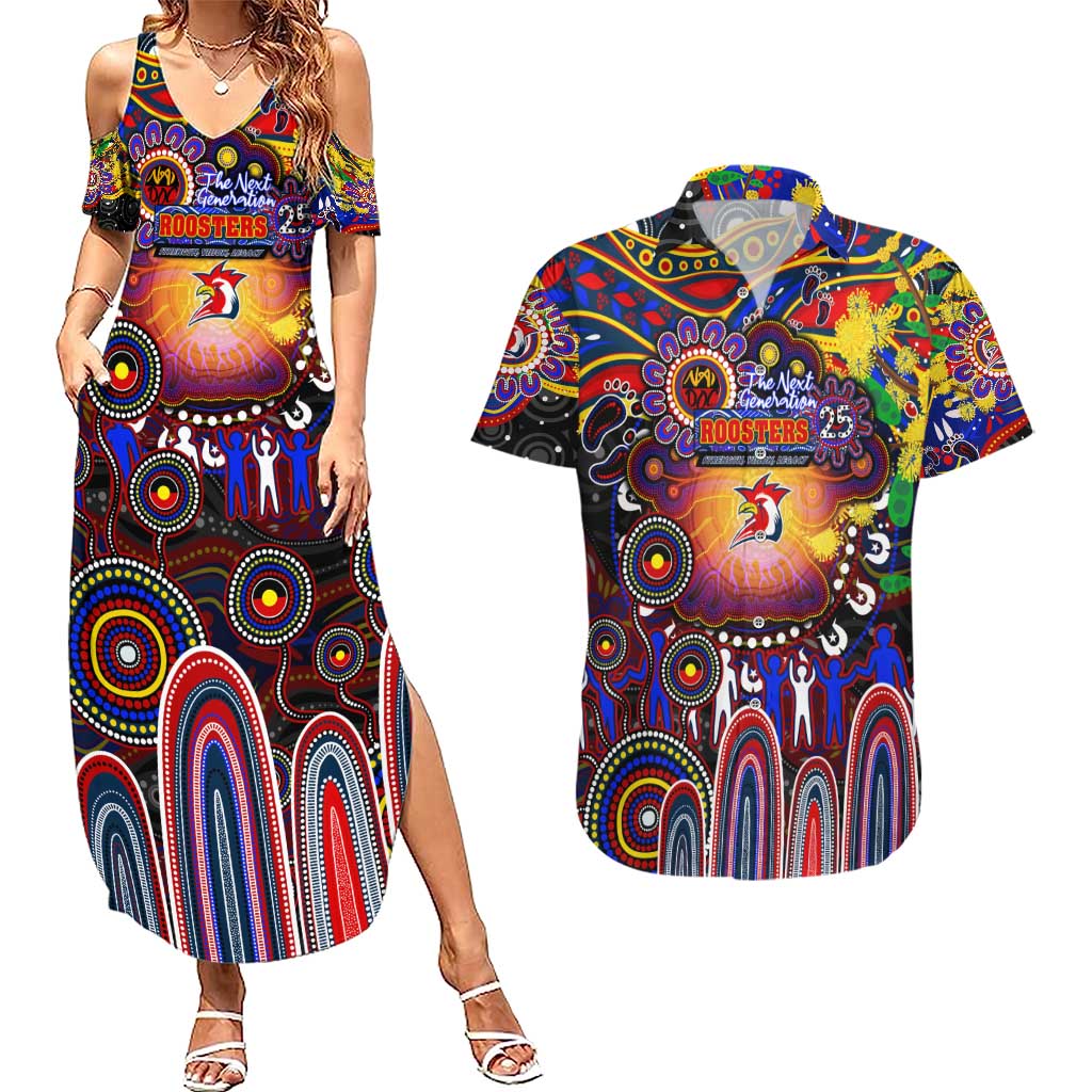 Personalised NAIDOC Week 2025 Roosters Football Couples Matching Summer Maxi Dress and Hawaiian Shirt Aboriginal Dot Painting