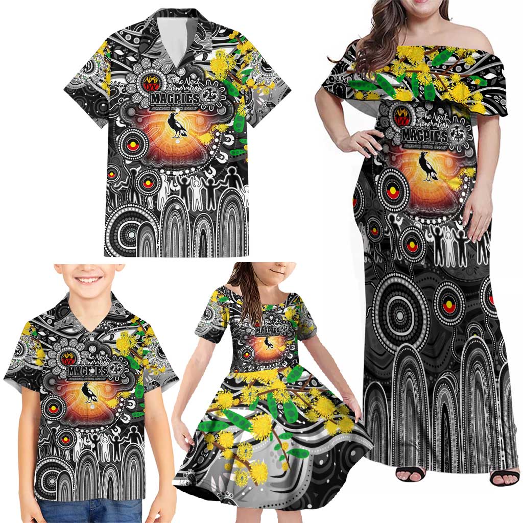 Personalised NAIDOC Week 2025 Magpies Football Family Matching Off Shoulder Maxi Dress and Hawaiian Shirt Aboriginal Dot Painting