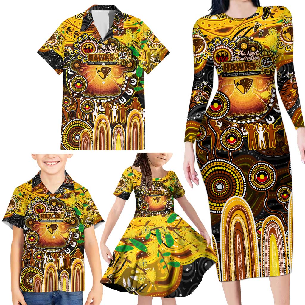 Personalised NAIDOC Week 2025 Hawks Football Family Matching Long Sleeve Bodycon Dress and Hawaiian Shirt Aboriginal Dot Painting