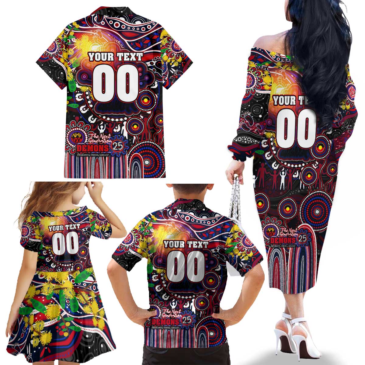 Personalised NAIDOC Week 2025 Demons Football Family Matching Off The Shoulder Long Sleeve Dress and Hawaiian Shirt Aboriginal Dot Painting