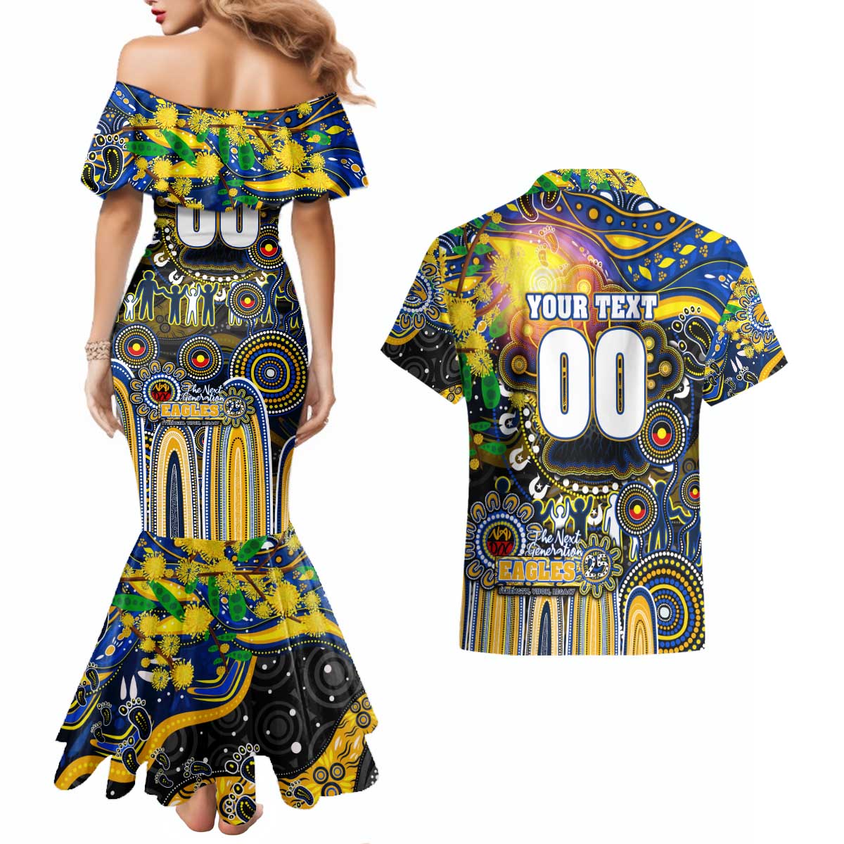 Personalised NAIDOC Week 2025 Eagles Football Couples Matching Mermaid Dress and Hawaiian Shirt Aboriginal Dot Painting