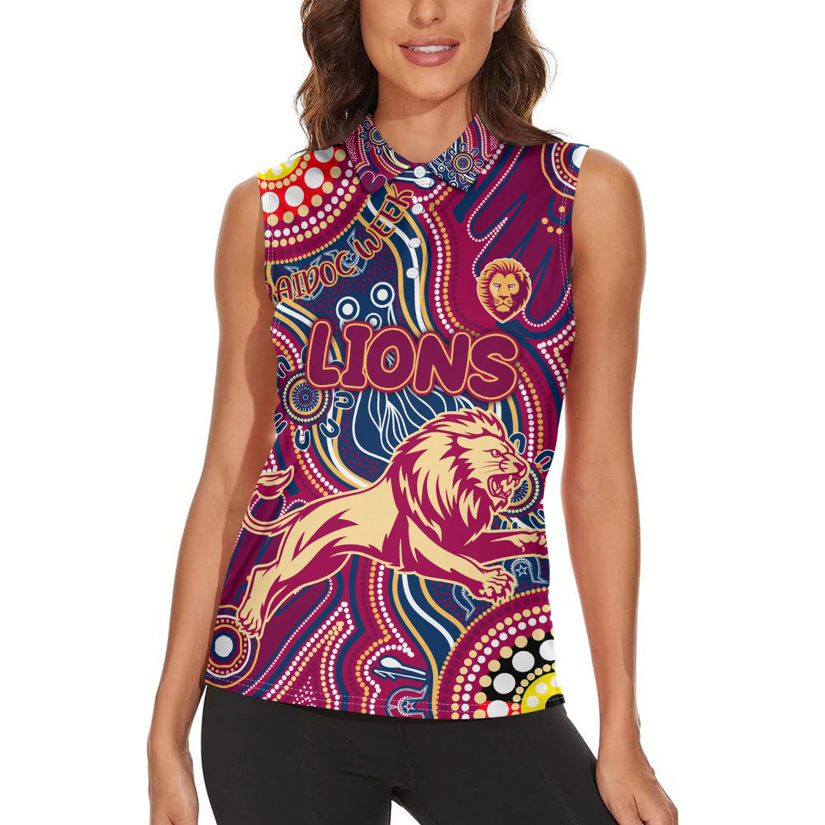 Personalised NAIDOC Week 2024 Brisbane Lions Women Sleeveless Polo Shirt Australian Aboriginal Hand Painting