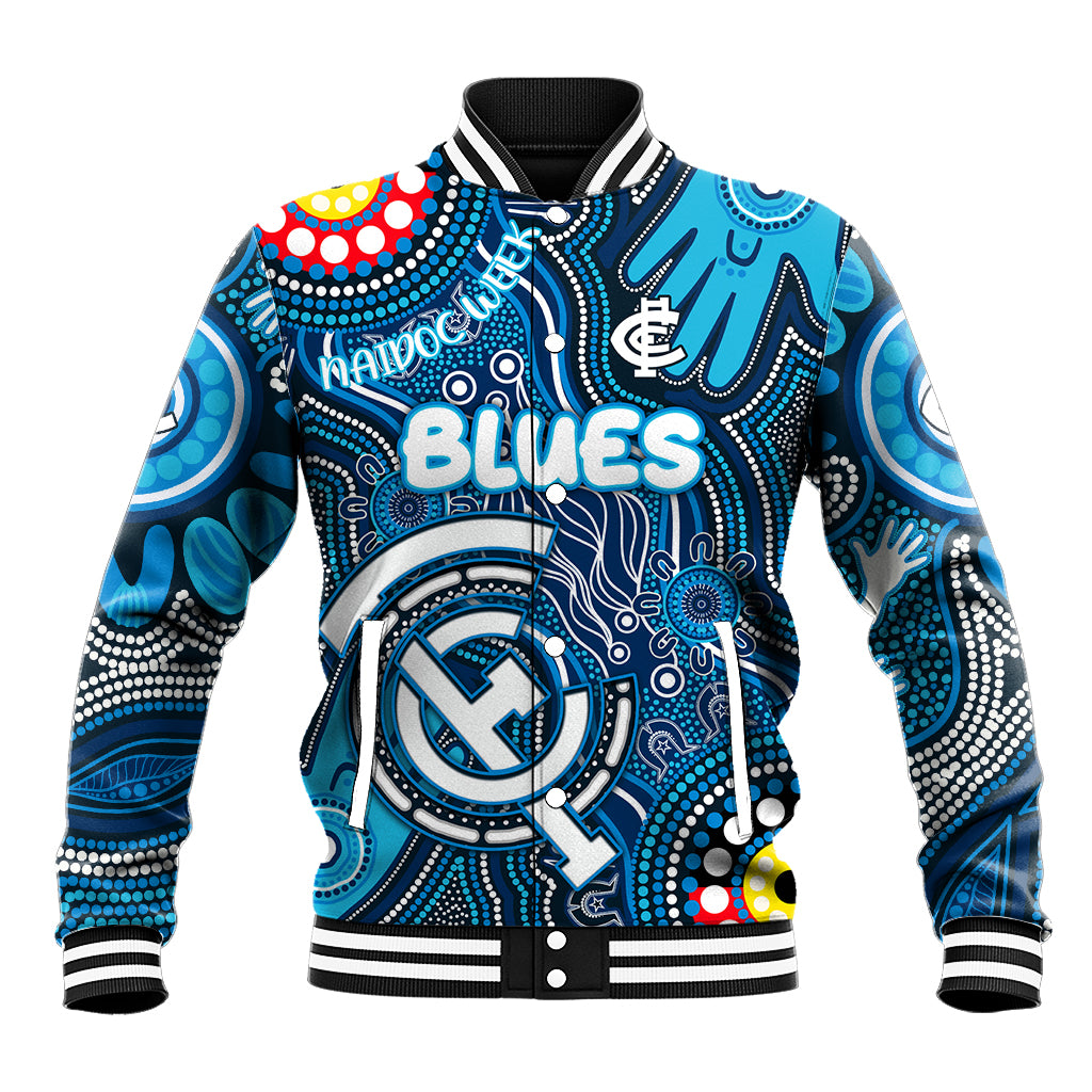 Personalised NAIDOC Week 2024 Carlton Blues Baseball Jacket Australian Aboriginal Hand Painting