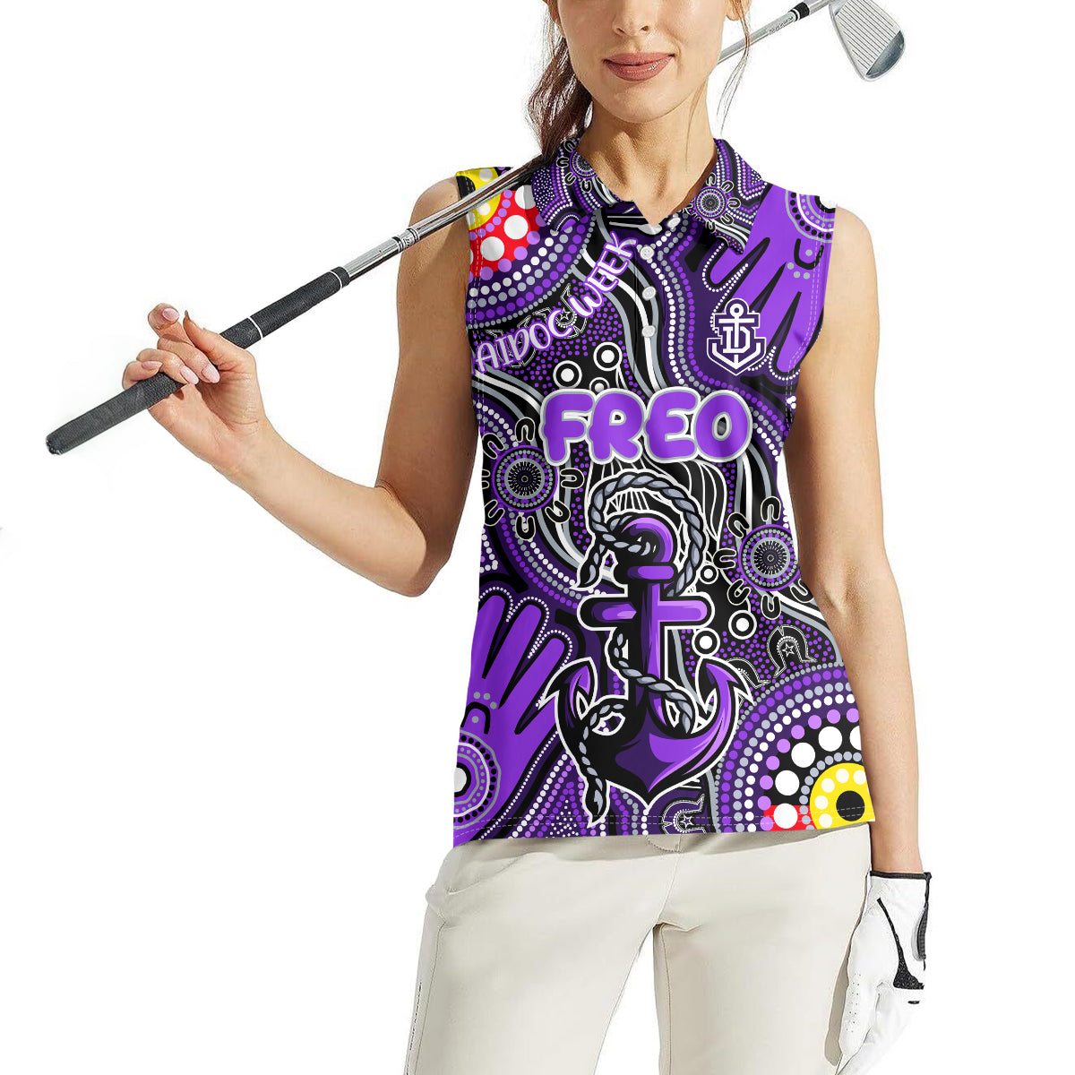 Personalised NAIDOC Week 2024 Fremantle Dockers Freo Women Sleeveless Polo Shirt Australian Aboriginal Hand Painting