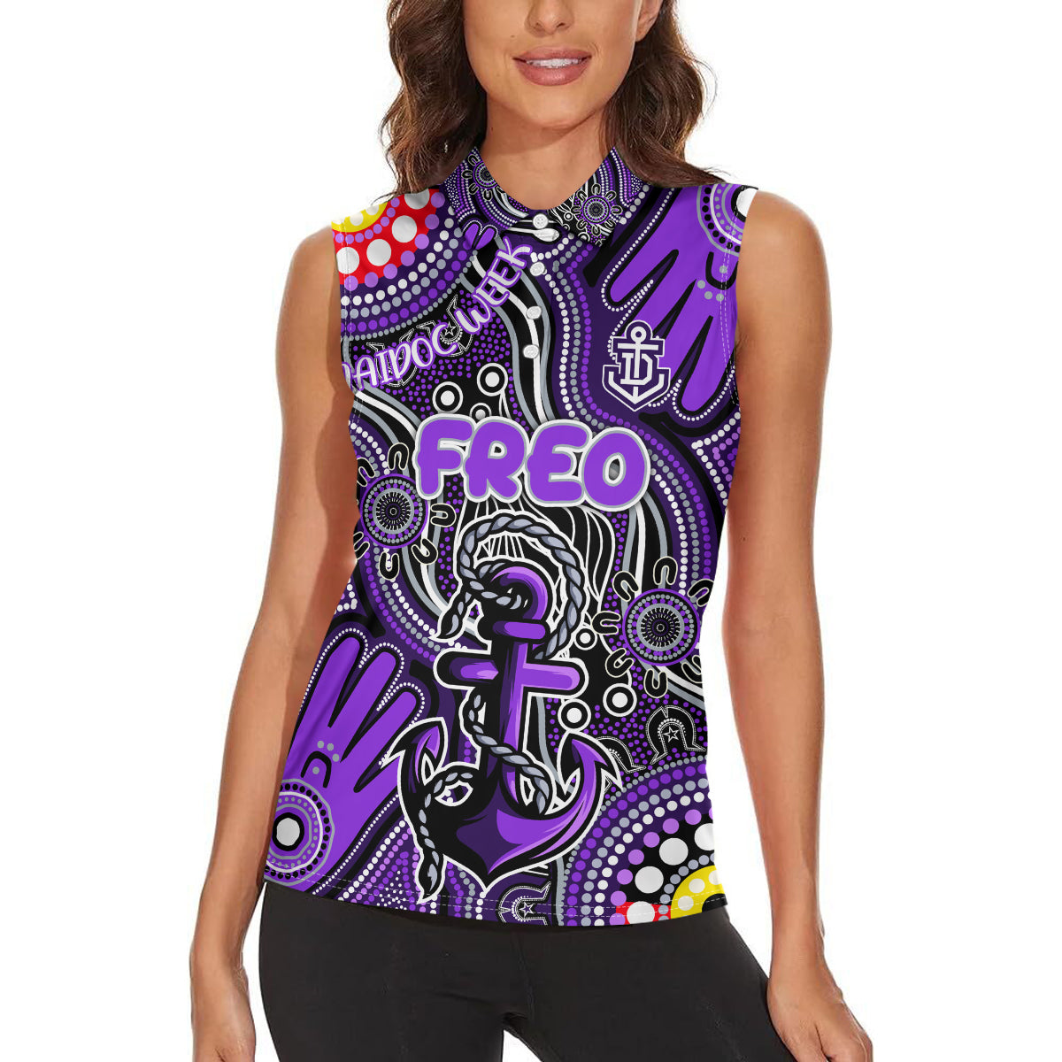 Personalised NAIDOC Week 2024 Fremantle Dockers Freo Women Sleeveless Polo Shirt Australian Aboriginal Hand Painting