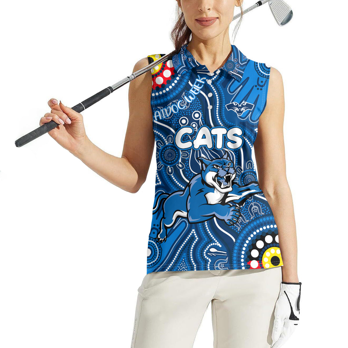 Personalised NAIDOC Week 2024 Geelong Cats Women Sleeveless Polo Shirt Australian Aboriginal Hand Painting