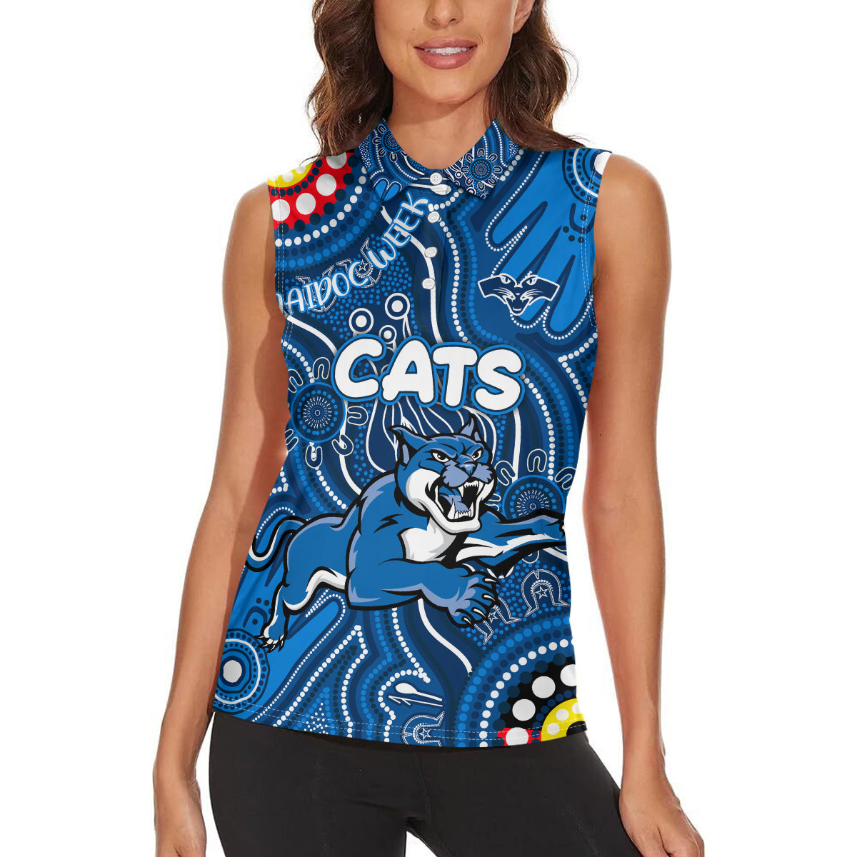 Personalised NAIDOC Week 2024 Geelong Cats Women Sleeveless Polo Shirt Australian Aboriginal Hand Painting