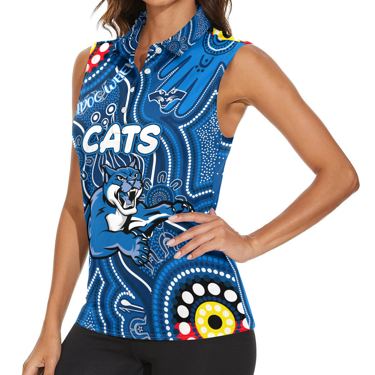 Personalised NAIDOC Week 2024 Geelong Cats Women Sleeveless Polo Shirt Australian Aboriginal Hand Painting