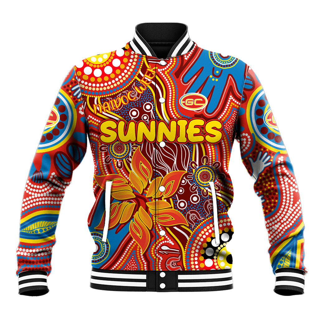 Personalised NAIDOC Week 2024 Gold Coast Suns Baseball Jacket Australian Aboriginal Hand Painting