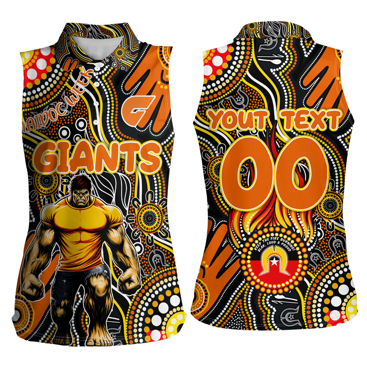 Personalised NAIDOC Week 2024 GWS Giants Women Sleeveless Polo Shirt Australian Aboriginal Hand Painting