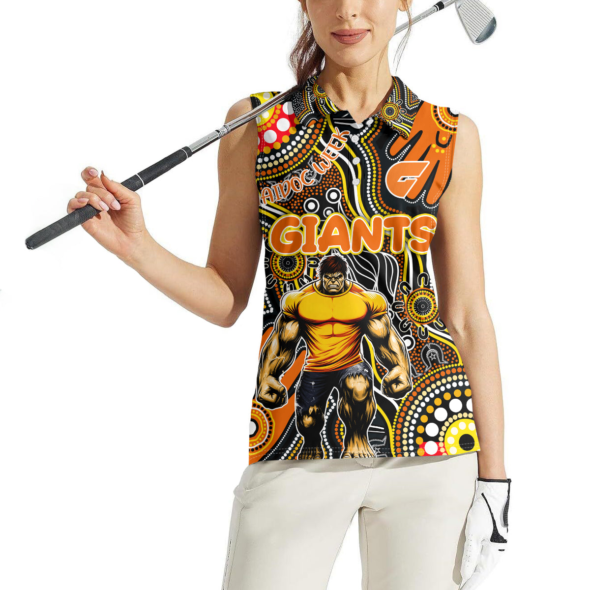 Personalised NAIDOC Week 2024 GWS Giants Women Sleeveless Polo Shirt Australian Aboriginal Hand Painting