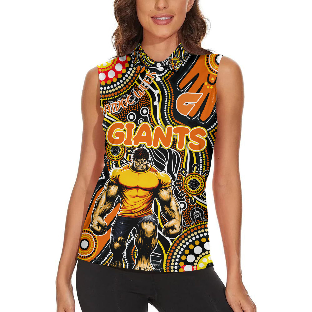 Personalised NAIDOC Week 2024 GWS Giants Women Sleeveless Polo Shirt Australian Aboriginal Hand Painting