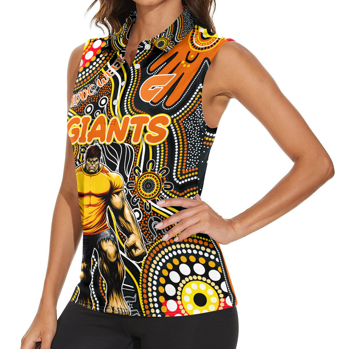 Personalised NAIDOC Week 2024 GWS Giants Women Sleeveless Polo Shirt Australian Aboriginal Hand Painting