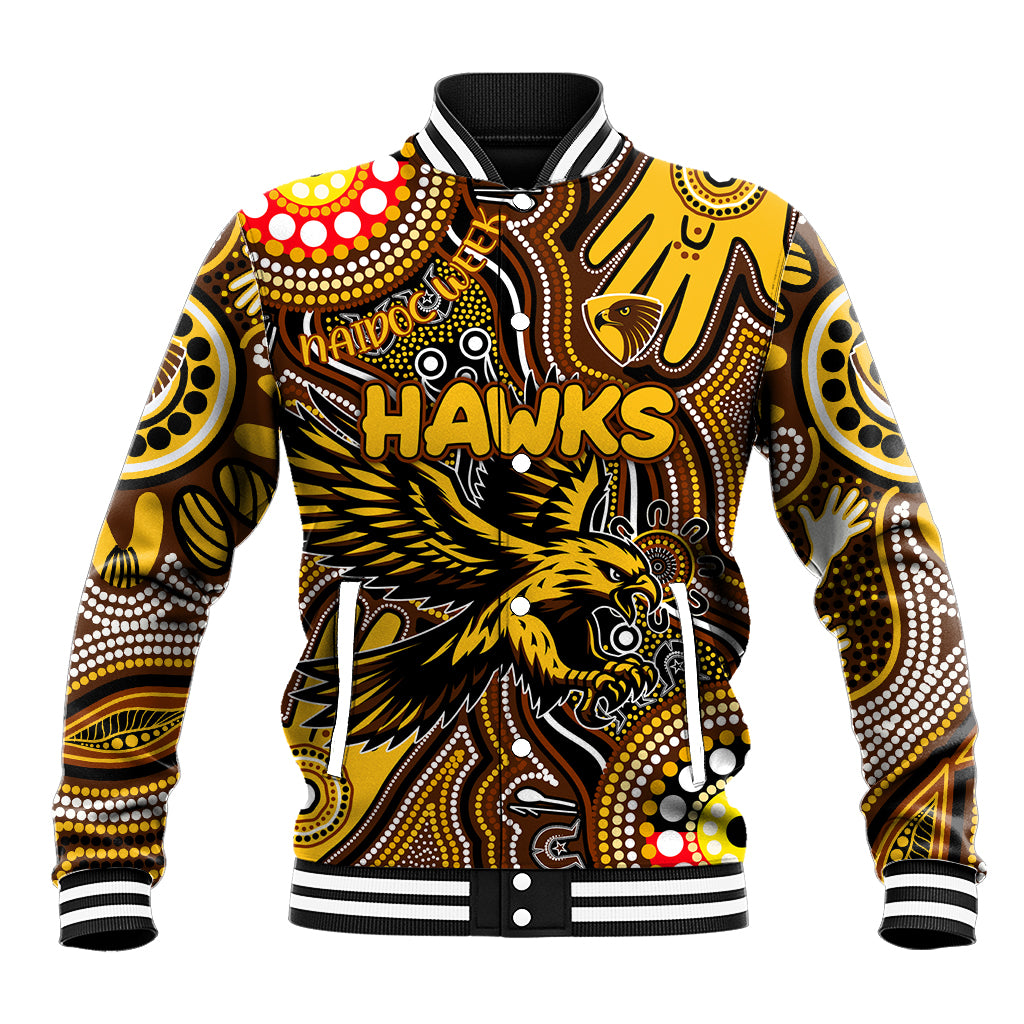 Personalised NAIDOC Week 2024 Hawthorn Hawks Baseball Jacket Australian Aboriginal Hand Painting