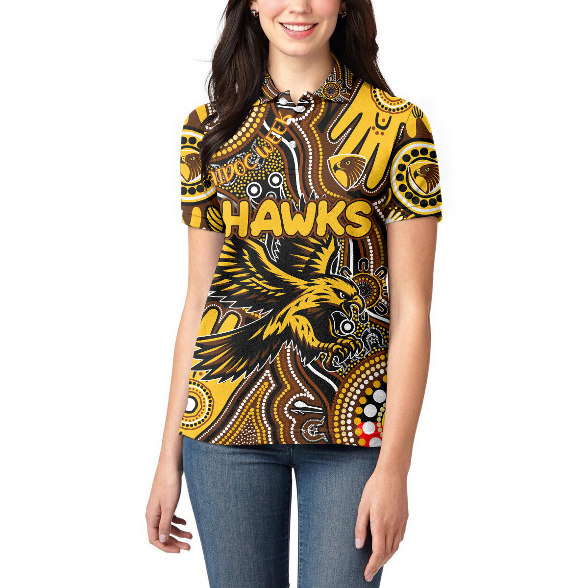 Personalised NAIDOC Week 2024 Hawthorn Hawks Women Polo Shirt Australian Aboriginal Hand Painting