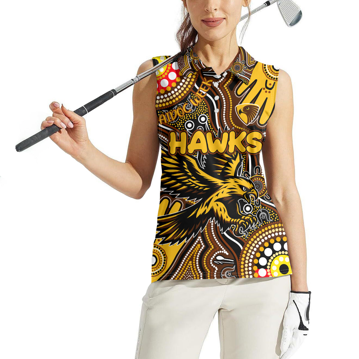 Personalised NAIDOC Week 2024 Hawthorn Hawks Women Sleeveless Polo Shirt Australian Aboriginal Hand Painting