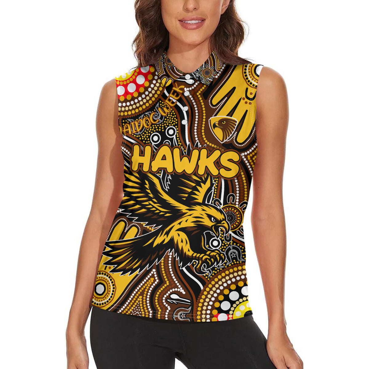 Personalised NAIDOC Week 2024 Hawthorn Hawks Women Sleeveless Polo Shirt Australian Aboriginal Hand Painting