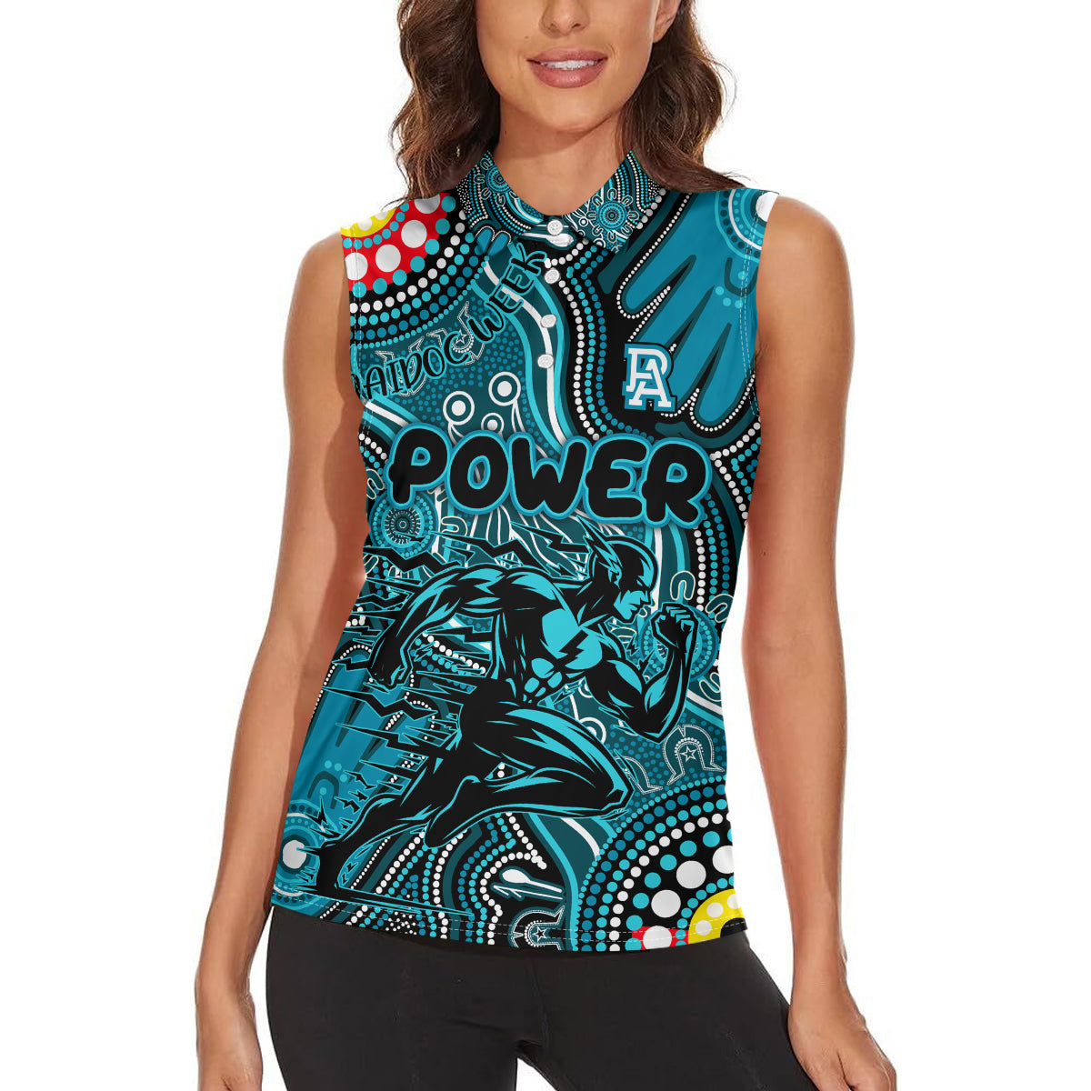 Personalised NAIDOC Week 2024 Port Adelaide Power Women Sleeveless Polo Shirt Australian Aboriginal Hand Painting