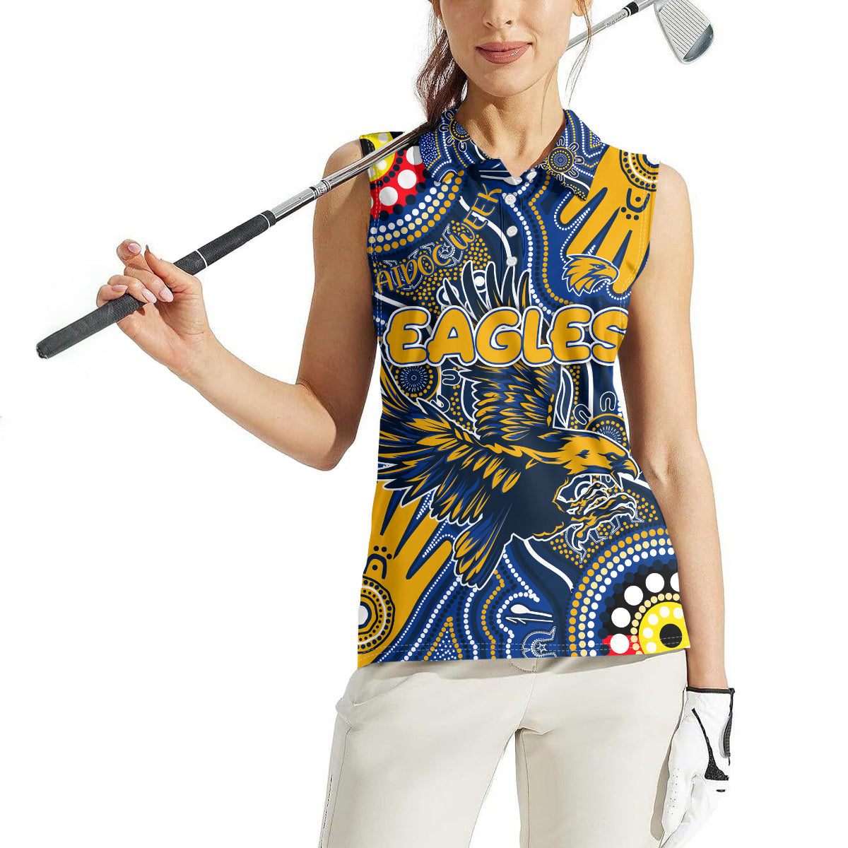 Personalised NAIDOC Week 2024 West Coast Eagles Women Sleeveless Polo Shirt Australian Aboriginal Hand Painting