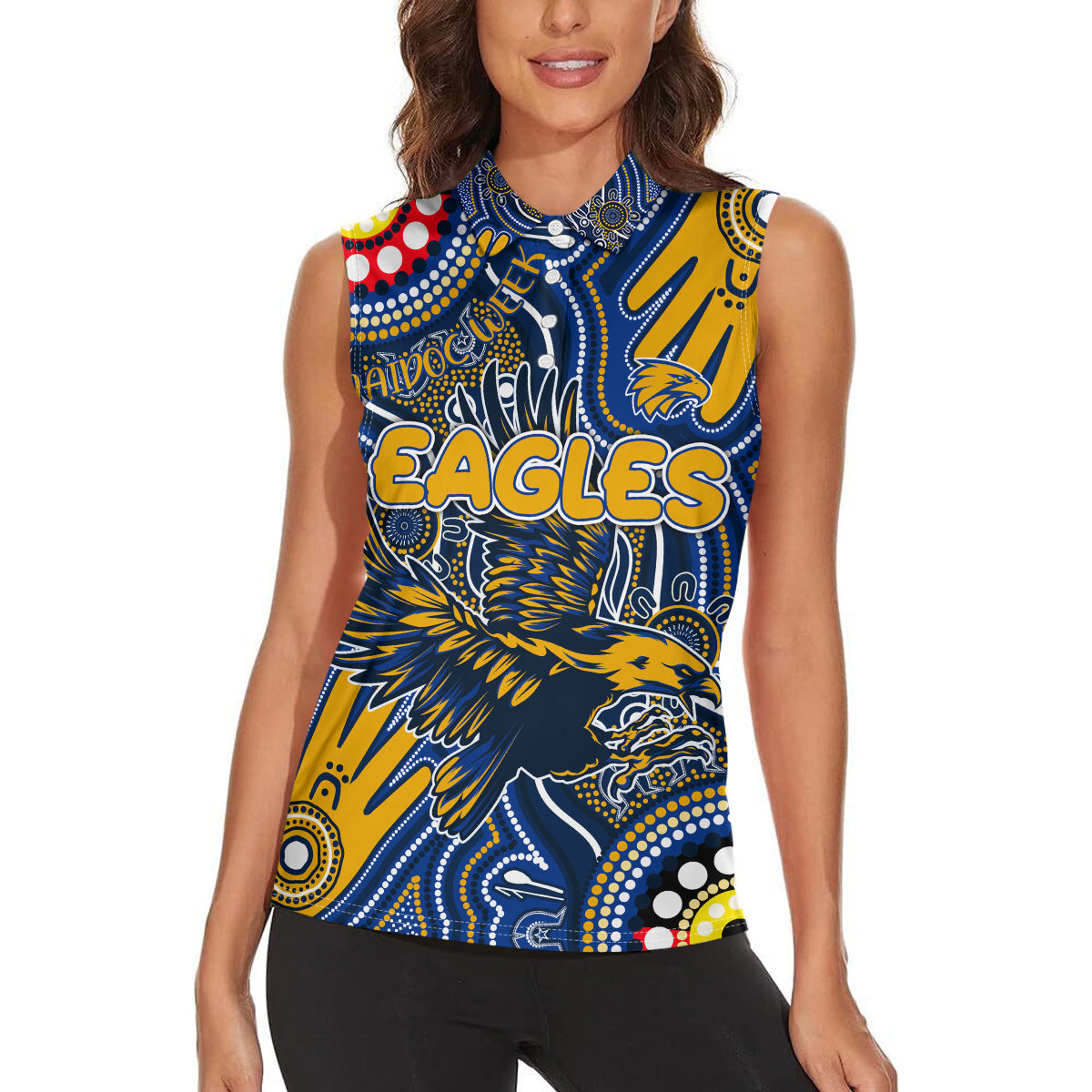 Personalised NAIDOC Week 2024 West Coast Eagles Women Sleeveless Polo Shirt Australian Aboriginal Hand Painting