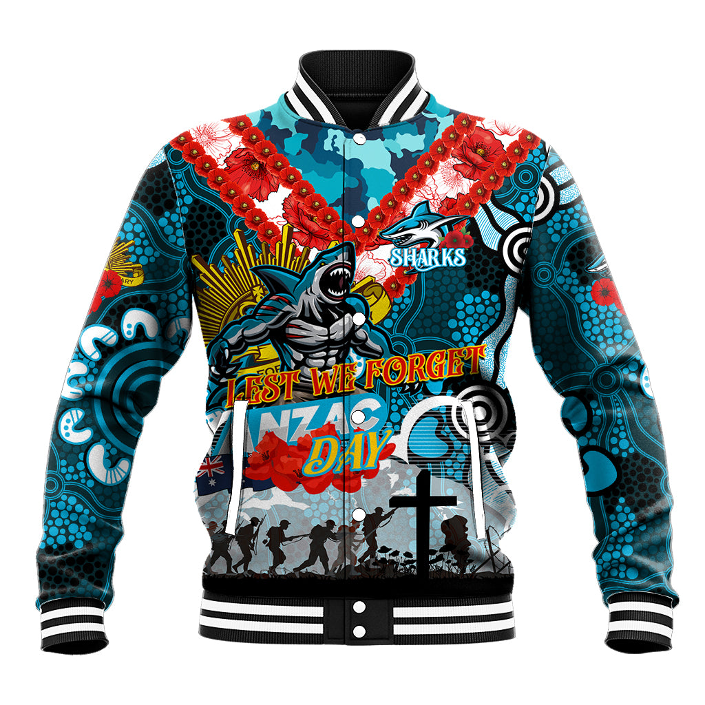 Personalised Sharks ANZAC Day Baseball Jacket Aboriginal Rising Sun