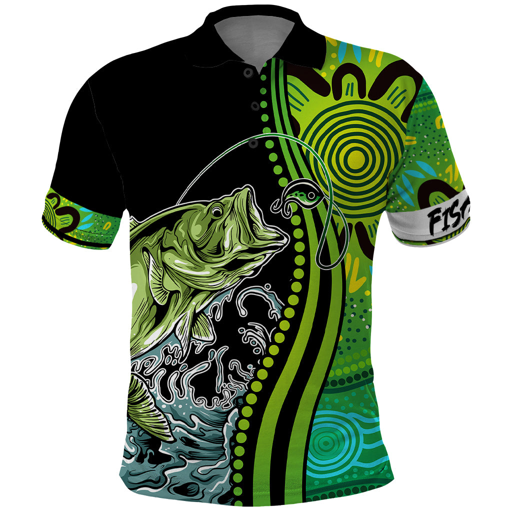 australia-fishing-polo-shirt-aboriginal-rise-and-shine-a-bass-fish-jumps-out-of-water-and-aboriginal-patterns-inspired