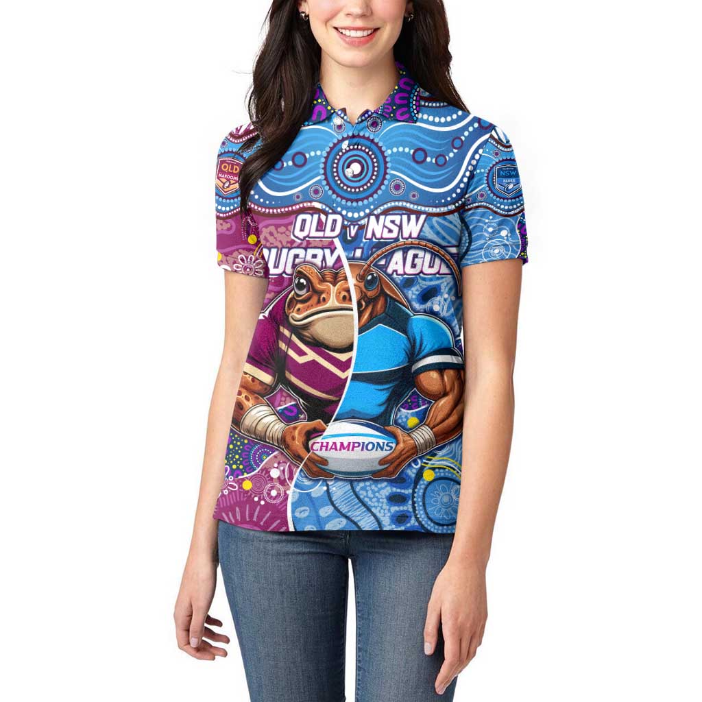 Custom Blues Cockroaches And Maroons Cane Toads Women Polo Shirt State of Origin Aboriginal