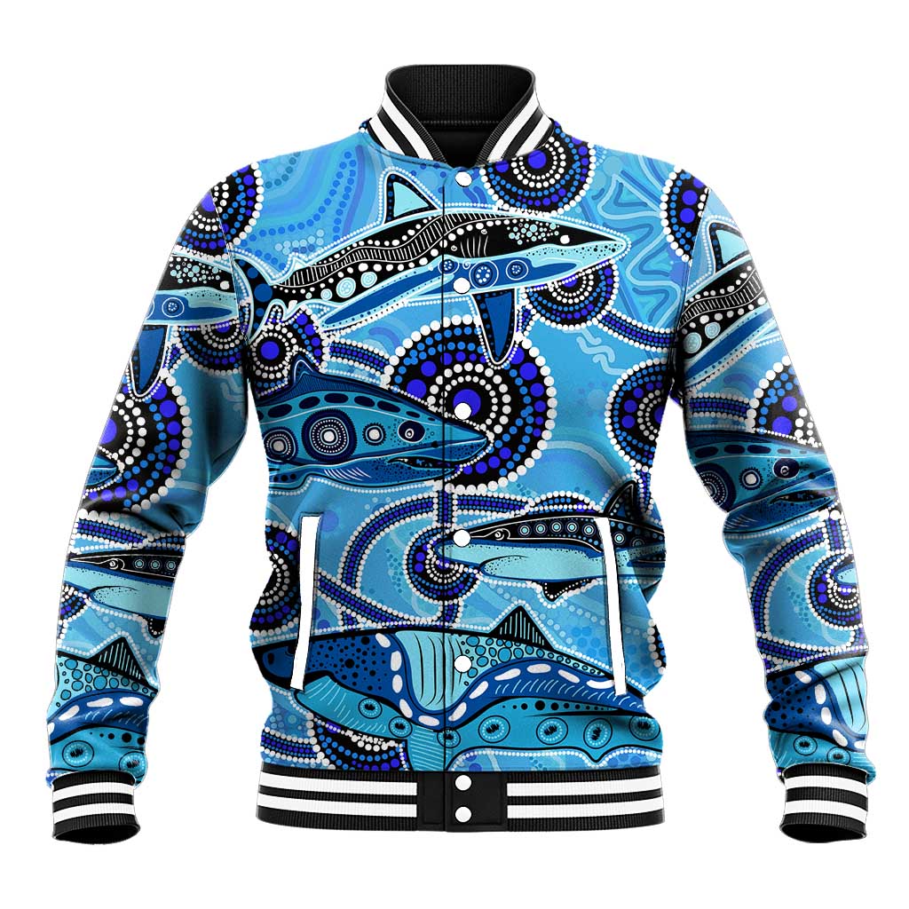 Sharks Aboriginal Australia Baseball Jacket Indigenous Art Blue