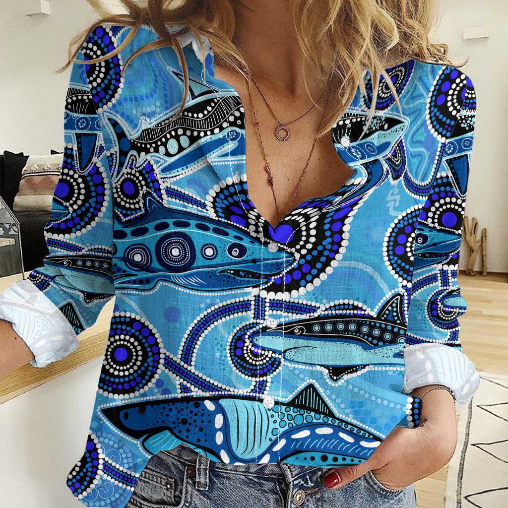 Sharks Aboriginal Australia Women Casual Shirt Indigenous Art Blue