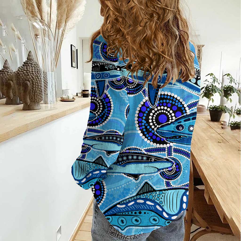 Sharks Aboriginal Australia Women Casual Shirt Indigenous Art Blue