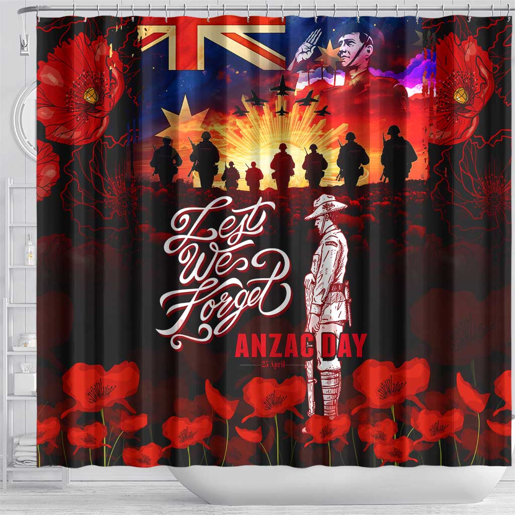 Australia ANZAC Day Shower Curtain Let We Forget - Tribute Art with Soldiers and Poppies