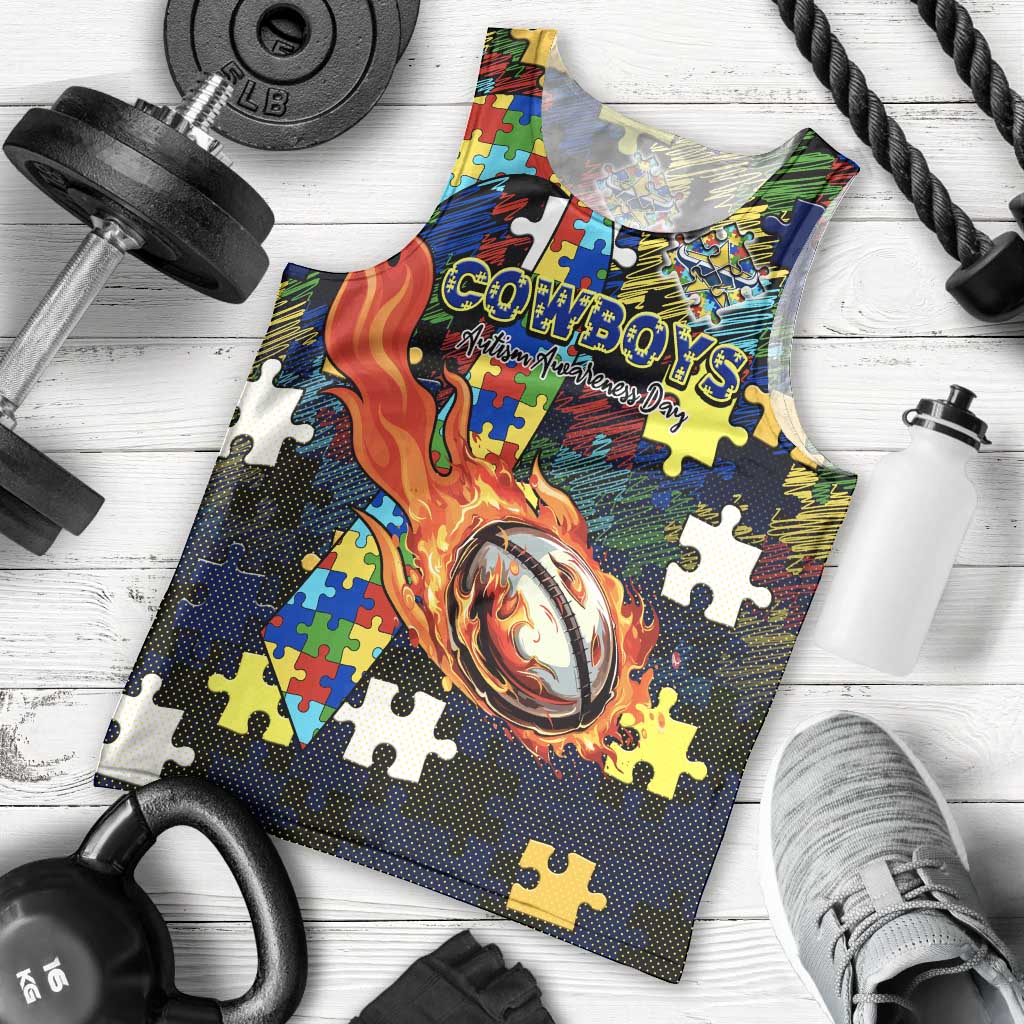 Cowboys Autism Awareness Men Tank Top Puzzle Flames Rugby Ball