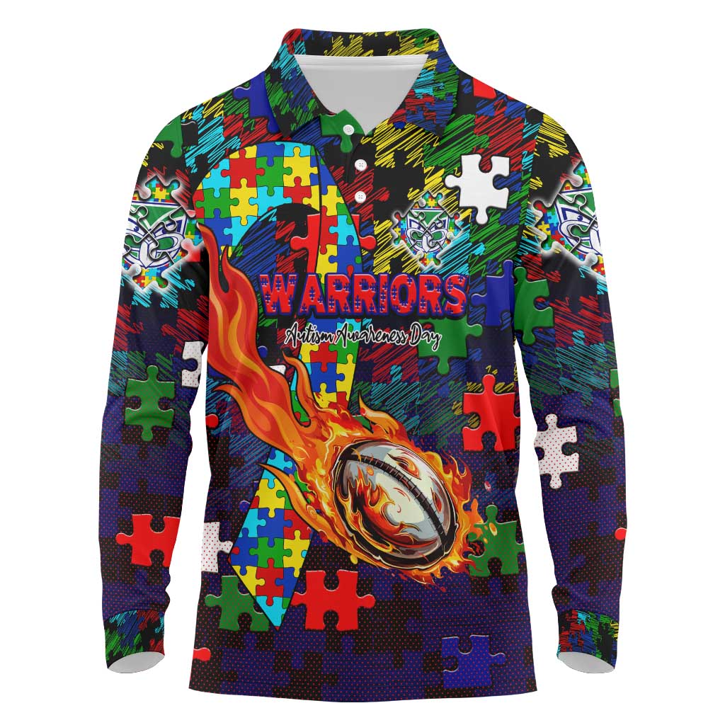 New Zealand Warriors Autism Awareness Long Sleeve Polo Shirt Puzzle Flames Rugby Ball