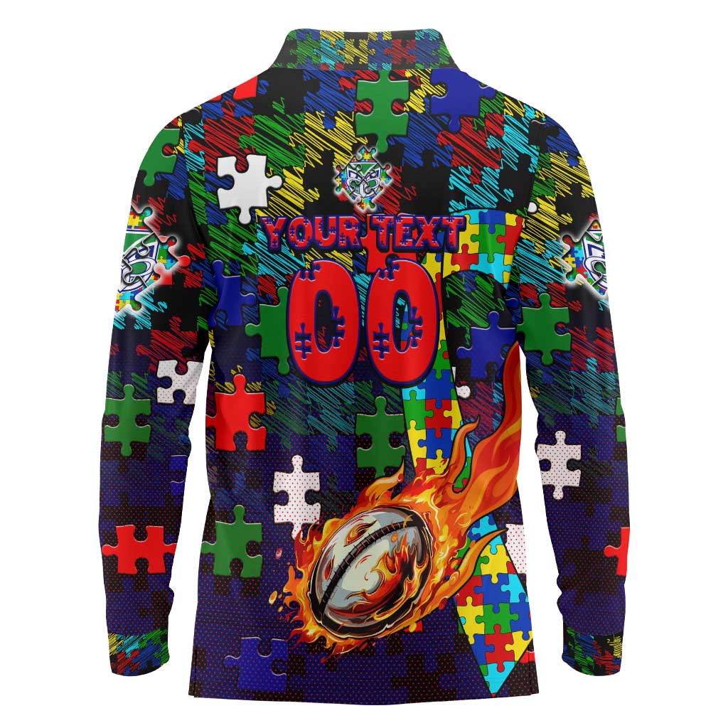 New Zealand Warriors Autism Awareness Long Sleeve Polo Shirt Puzzle Flames Rugby Ball