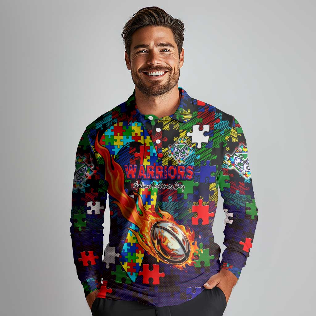 New Zealand Warriors Autism Awareness Long Sleeve Polo Shirt Puzzle Flames Rugby Ball