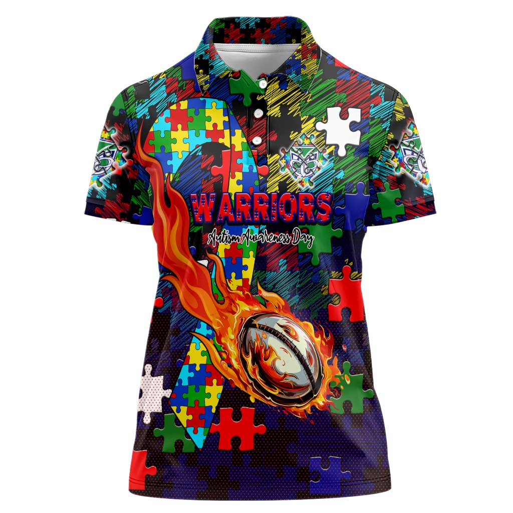 New Zealand Warriors Autism Awareness Women Polo Shirt Puzzle Flames Rugby Ball