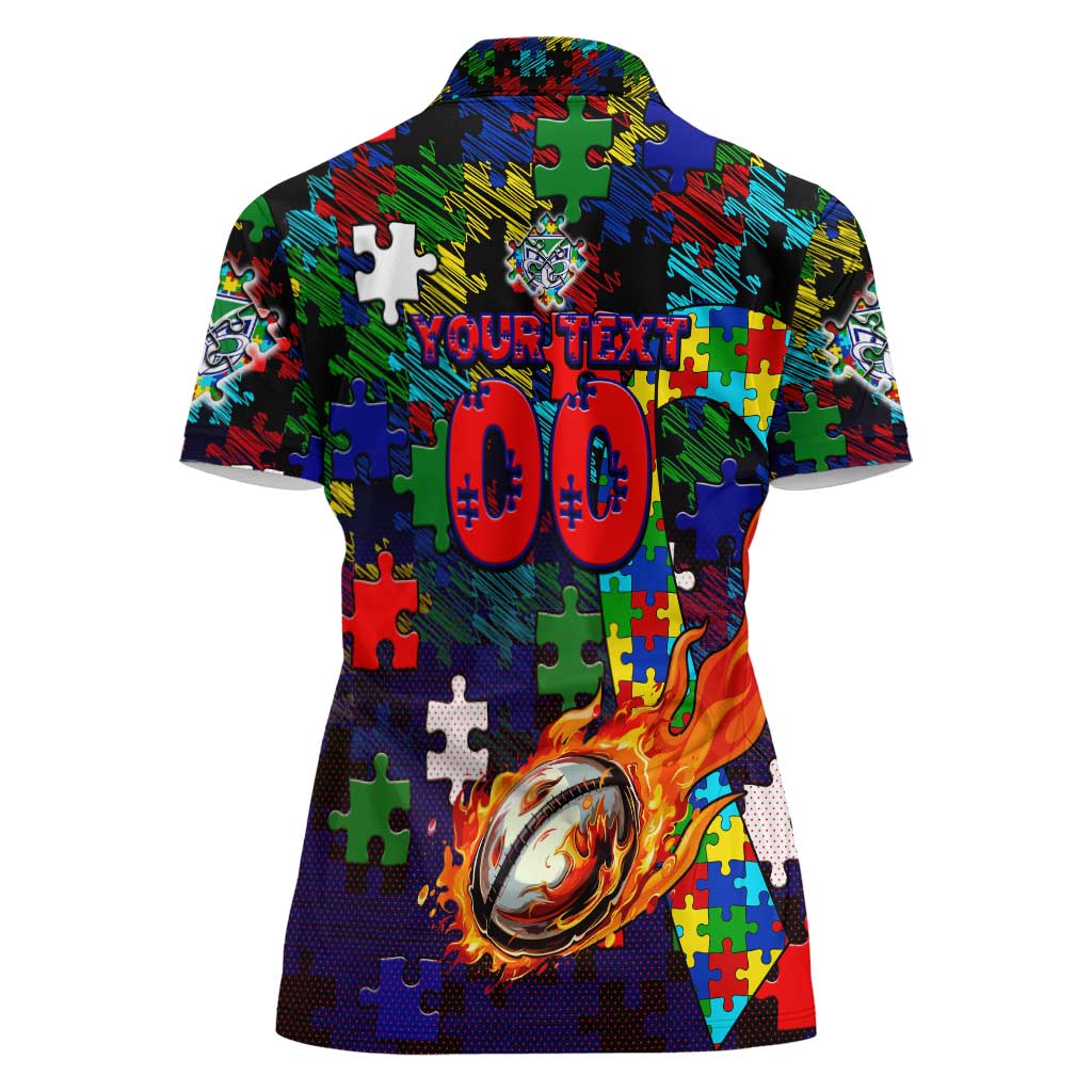 New Zealand Warriors Autism Awareness Women Polo Shirt Puzzle Flames Rugby Ball